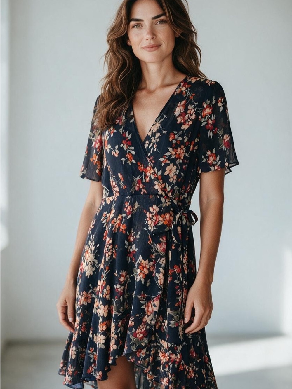 CALVIN KLEIN NAVY BLUE FLORAL FAUX WRAP DRESS SZ 18W